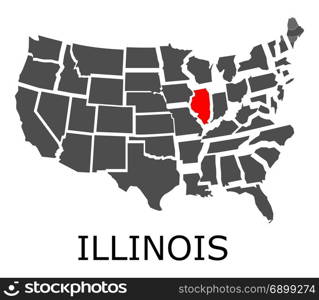 Bordering geographical map of USA with State of Illinois marked with red color.