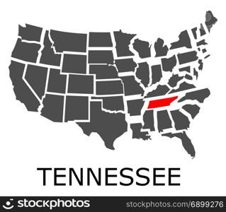 Bordering geographical map of USA with State of Tennessee marked with red color.