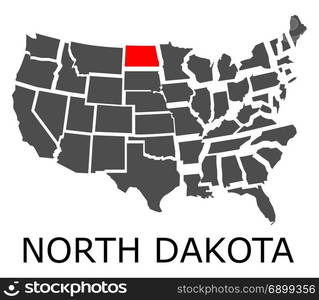 Bordering map of USA with State of North Dakota marked with red color.