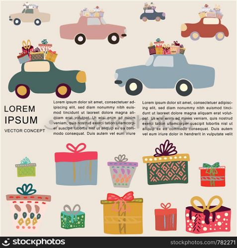 Borders with cars delivering presents and gifts. Space for text. Greeting card, poster, banner, design element.. Borders with cars delivering presents and gifts
