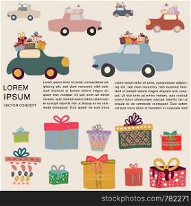 Borders with cars delivering presents and gifts. Space for text. Greeting card, poster, banner, design element.. Borders with cars delivering presents and gifts