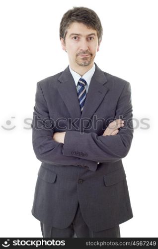 bored business man thinking, isolated on white