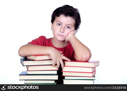 Bored student on a tower of books isolated on white background