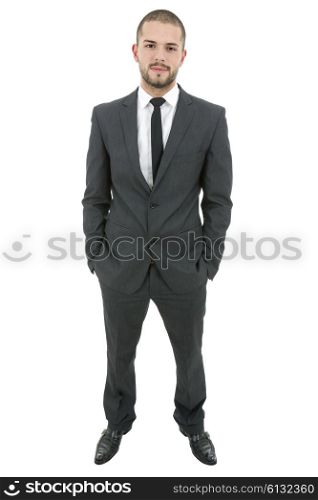 bored young businessman full length, isolated on white