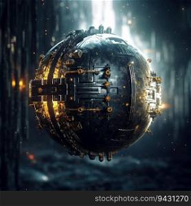 Borg sphere in space, cinematic, minimal, industrial,created by AI