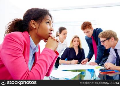 Boring meeting african businesswoman gesture in multi ethnic teamwork at office