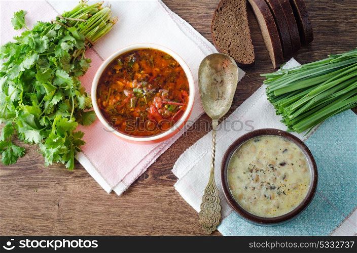 Borsch and mushroom soup served on table