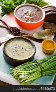 Borsch and mushroom soup served on table