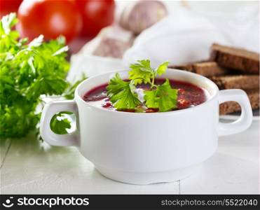 borscht soup on wooden table