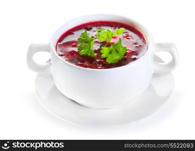 borscht soup with parsley on white background
