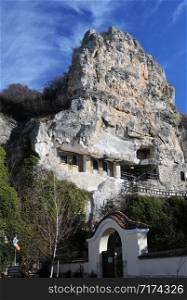 BOSARBOVO, BULGARIA - FEBRUARY 2, 2020: Rock monastery of St. Dimitry of Bosarbovo in Bulgaria