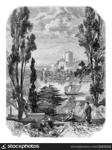 Bosphorus, The Castles of Europe, seen from the Asian side, vintage engraved illustration. Magasin Pittoresque 1857.
