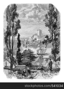 Bosphorus, The Castles of Europe, seen from the Asian side, vintage engraved illustration. Magasin Pittoresque 1857.