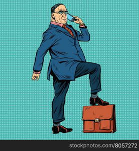 Boss business people, pop art retro illustration realistic drawing. A businessman puts his foot on the briefcase. Talking on the phone