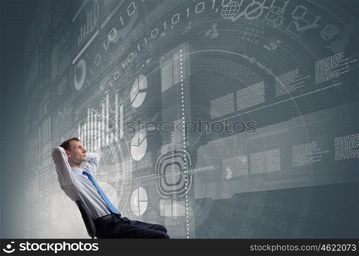 Bossy man in chair. Relaxing businessman sitting in chair with hands on head