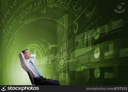 Bossy man in chair. Relaxing businessman sitting in chair with hands on head
