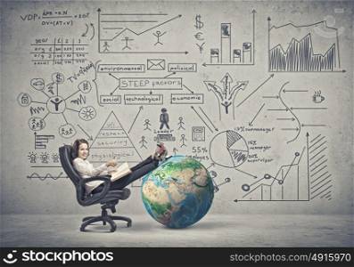 Bossy woman in chair. Businesswoman sitting in chair with legs up on Earth planet. Elements of this image are furnished by NASA