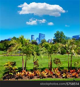 Boston Common park gardens and skyline in Massachusetts USA