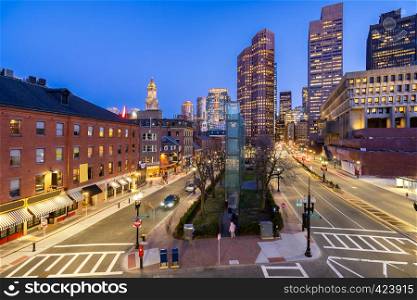 Boston Downtown cityscape with skylines building sunset at Boston city, MA, USA.