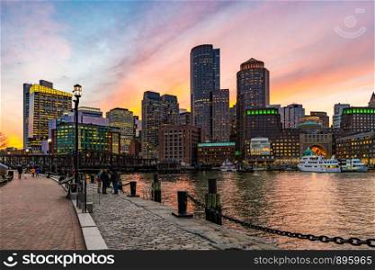 Boston Downtown skylines building cityscape sunset at Boston city, MA, USA.