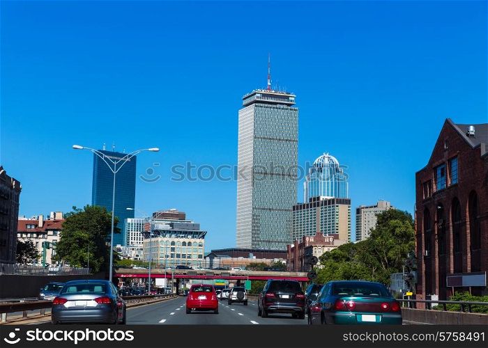 Boston downtown street car traffic in Massachusetts USA
