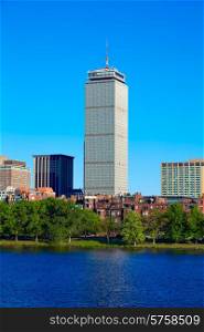 Boston from Harvard Bridge in Charles River Prudential Tower at Massachusetts USA