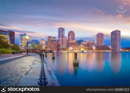 Boston Harbor and Financial District at twilight, Massachusetts in USA