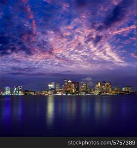 Boston skyline at sunset and river reflection in Massachusetts USA