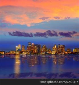 Boston skyline at sunset and river reflection in Massachusetts USA