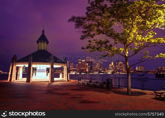 Boston skyline at sunset at Piers Park in Massachusetts USA
