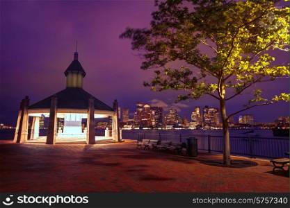 Boston skyline at sunset at Piers Park in Massachusetts USA