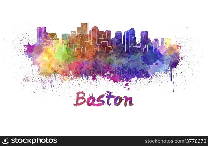 Boston skyline in watercolor splatters with clipping path. Boston skyline in watercolor