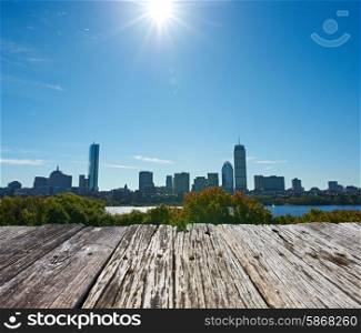 Boston skyline view with sun backlight from Cambridge at Massachusetts, USA