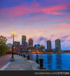 Boston sunset skyline from Fan Pier in Massachusetts USA