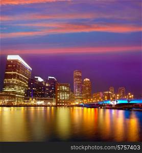 Boston sunset skyline from Fan Pier in Massachusetts USA