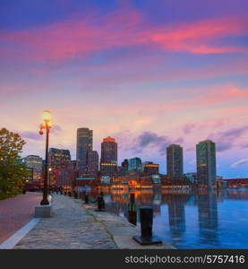 Boston sunset skyline from Fan Pier in Massachusetts USA