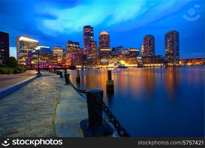 Boston sunset skyline from Fan Pier in Massachusetts USA