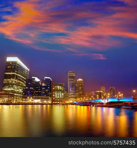 Boston sunset skyline from Fan Pier in Massachusetts USA