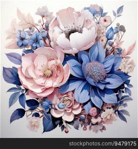 Botanical blue and pink flower watercolor bouquet elegance blooming. Generative AI
