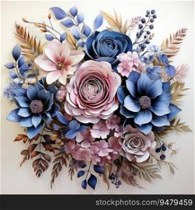 Botanical blue and pink flower watercolor bouquet elegance blooming. Generative AI