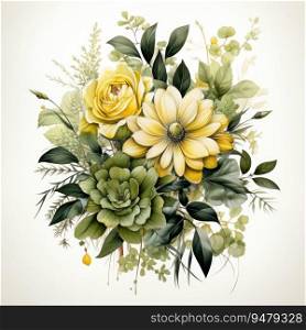 Botanical green and yellow flower watercolor bouquet elegance blooming. Generative AI