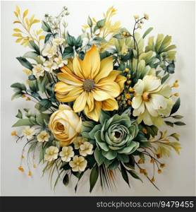 Botanical green and yellow flower watercolor bouquet elegance blooming. Generative AI