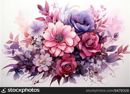Botanical purple and red flower watercolor bouquet elegance blooming. Generative AI