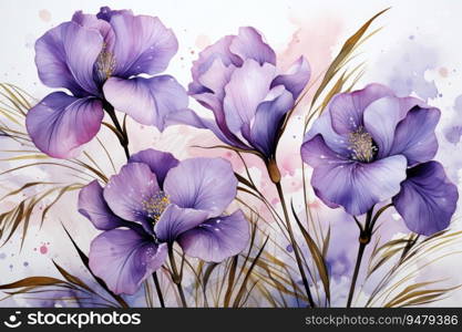 Botanical purple and red flower watercolor bouquet elegance blooming. Generative AI