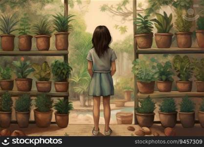 Botanist child girl pots. Home garden. Generate Ai. Botanist child girl pots. Generate Ai