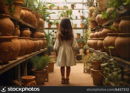 Botanist child woman pots. Care botany pot. Generate Ai. Botanist child woman pots. Generate Ai