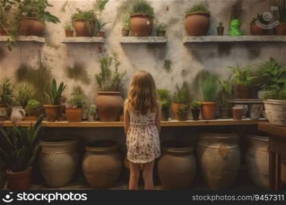 Botanist child woman pots. Teen care. Generate Ai. Botanist child woman pots. Generate Ai