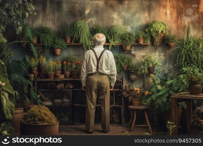 Botanist old man pots. Garden organic. Generate Ai. Botanist old man pots. Generate Ai
