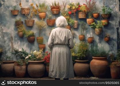 Botanist old woman home pots. Green nature. Generate Ai. Botanist old woman home pots. Generate Ai