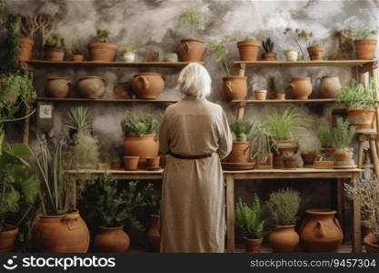 Botanist old woman pots. Garden spring. Generate Ai. Botanist old woman pots. Generate Ai